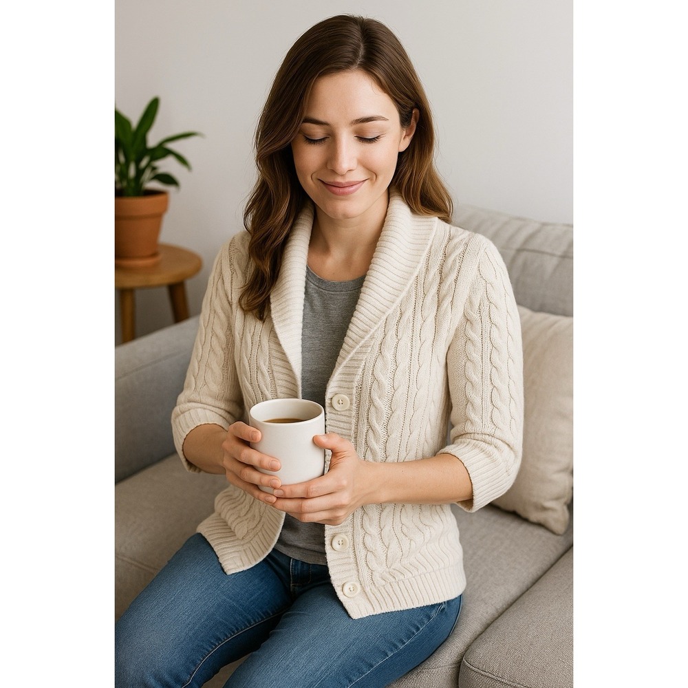American Eagle Cardigan Sweater L Cream Shawl Collar Chunky Cable Knit Preppy